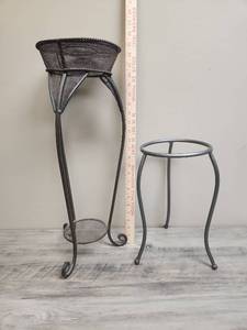 lot 561 image: Metal Plant Stand (22-23 H) with Decorative Mesh Design and an open round top stand (use as plant holder or large votive holder)