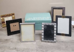 lot 563 image: Picture frames and a blue storage chest box