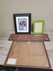 lot 564 image: Picture Frames, including one older vintage frame (back needs some repair) and an Inspirational Wood Sign
