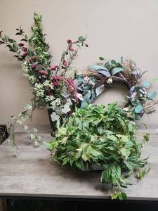 lot 566 image: Artificial Greenery - wreath, Vase with red flowers, and white planter with greenery