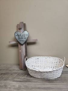 lot 575 image: White Woven Basket with Wooden Wall Art Cross with Metal Heart with Romans 831 verse