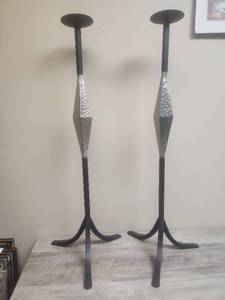 lot 583 image: Pair of Black Metal Candle Stands with Hammered Detail  (were used previously as tweeter speaker stands)