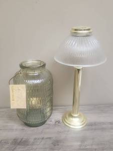 lot 588 image: Kirklands Jar Shaped Textured Glass Vase and a Brass Tea Light Holder with Glass dome top