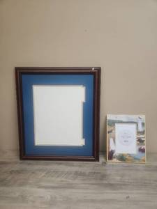 lot 589 image: Dark Wood Picture Frame with professional mat (with cutouts designed for numberedsigned art) and a Yellow stone picture frame