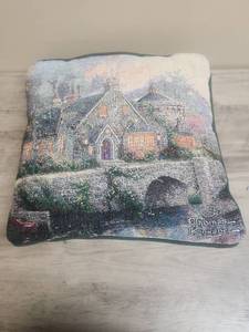 lot 590 image: Thomas Kinkade Cottage Bridge Tapestry Throw Pillow