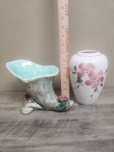 lot 593 image: Decorative Ceramic Vase with Pink Floral Motif and Vintage Cornucopia Planter with Rose Accent