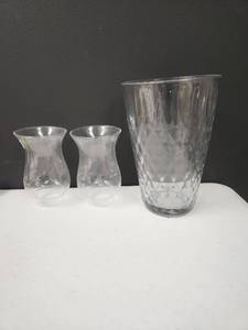lot 595 image: Crystal Cut Glass Vase and two Matching Hurricane Candle Globes with etched pattern
