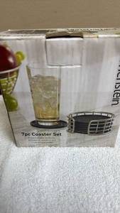 lot 716 image: 7 Piece Coaster Set with Metal Holder in original box