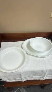 lot 743 image: Corelle White Serving Bowl and Platter with blue trim and another White Round Platter