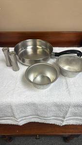 lot 755 image: Stainless Steel small saucepan with Bowls and Salt Pepper Shakers
