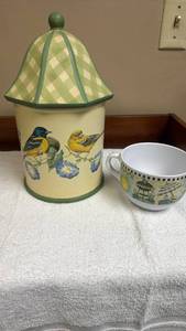 lot 756 image: Hand Painted Bird Canister or cookie jar with Checkered Lid and a soup bowl with handle