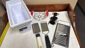 lot 766 image: Kitchen Utensil Set with Ice Cube Bin, Apple Corer, Graters and Can Opener