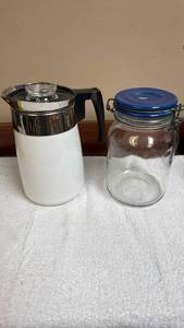 lot 782 image: White Coffee Carafe  Percolator (no base included) and Glass Storage Jar Set
