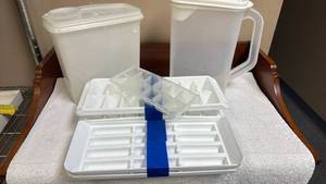 lot 786 image: Clear Plastic Food Storage Container Set with Ice Cube Trays and Pitcher