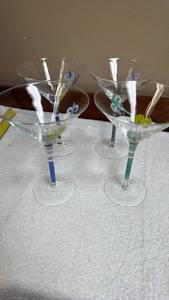 lot 802 image: Hand Painted Martini Glasses with Olive motif and different colored handles