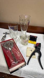 lot 805 image: Bar Accessories and Glassware Collection Set - corkscrew, champagne corker, mixing whisk, olive pics