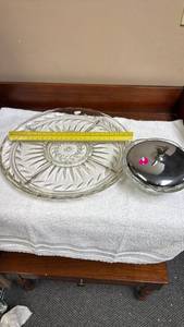 lot 819 image: Pressed Glass Serving Platter and a Chrome Covered Cut Glass Bowl