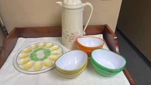 lot 830 image: Ceramic Deviled Egg Plate, Thermal Carafe and Colored Plastic Bowls Set