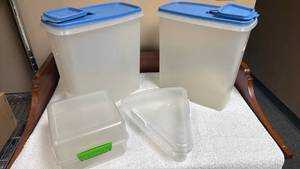 lot 840 image: Two Large Tupperware Food Storage Containers with Lids and off-brand plastic food storage including one triangle shaped (great for pizza or pie)