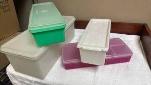 lot 845 image: Tupperware Rectangular Storage - Bread, Pasta, Cheese Block storage and one multi-compartment