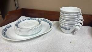 lot 863 image: Corelle Old Town Blue Dinnerware Set with Oval Platter and Tea Cups