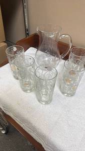 lot 864 image: Etched Floral Glass Pitcher and Tumbler Set