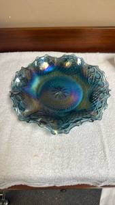 lot 874 image: Blue Carnival Glass Scalloped Edge Bowl