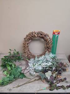 lot 1321 image: Natural Twig Wreath with Artificial Flowers and Floral Stakes