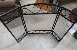 lot 22 image: Tri-Screen Black Metal Decorative Fireplace Screen with Mesh Panels excellent like new condition. Main panel 26W x 32H. Side panels 12W x 30H