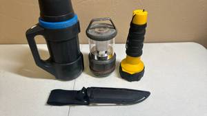 lot 1604 image: Outdoor Camping Equipment Bundle with Thermos, Lantern, Flashlight and Tactical Knife Nylon Sheath