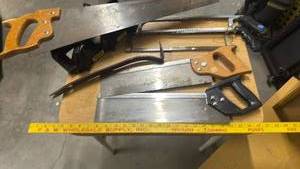 lot 1715 image: Mixed Hand Saw Collection with Miter Box