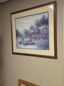 lot 539 image: Framed Coastal Harbor Scene Print by Sambataro. 40W x 34 5H. Picture has become slightly skewed inside of frame mat, may need re-matted. Includes artist signature