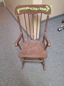 lot 27 image: Childs wooden rocker, has one back support broken 14W x 19D x 26.5H seat height 10H