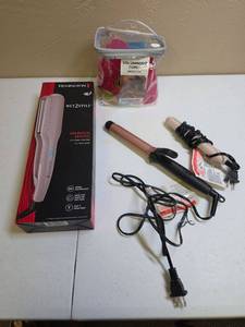 lot 1208 image: Hair Styling Tools Bundle with Remington Wet2Style Flat Iron (appears unused in open box), Curling Iron, Travel Sized Straightener and a bag of curlers
