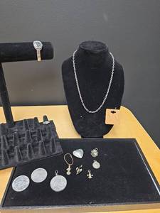 lot 214 image: Mixed Jewelry Lot - Necklace, Earrings, Watch, Ring, Pendants and some plastic coins