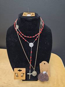 lot 217 image: Fashion Jewelry Set with Red Beaded Rosary and 3 Pairs of Earrings