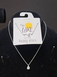 lot 242 image: Silver Chain Necklace with Crystal Pendant and The Lake is My Happy Place necklace with a wave pendant