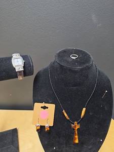 lot 254 image: Stone Cross Necklace, Earrings, Ring and a Ladies Brighton Watch