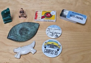 lot 268 image: Mixed Collectibles Lot with Pins, Magnet, Small Baseball Catcher Figurine, Matchbook, and a Chess Piece (either green marble or Jade most likely marble)