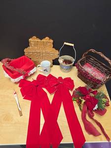 lot 445 image: Christmas Holiday Baskets, Ceramic Bucket, Mug, Snowflake Wood Charcuterie Board, Red Velvet Bows and more