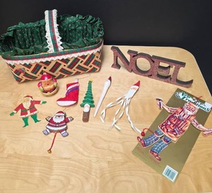 lot 481 image: Christmas Basket, Noel Shelf Sign, Pull Motion Santa Wood OrnamentsHanger,  and other unique ornaments