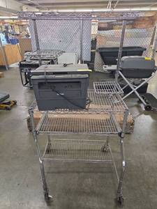 lot 70002 image: Black & Decker 14000BTU Portable Air Conditioner with Exhaust Hose, Wooden Shelving, Printer and Wire Shelving On Wheels