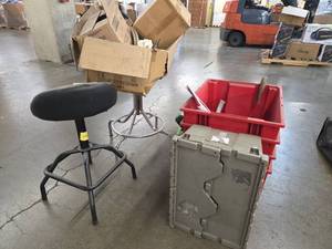 lot 70005 image: Mixed Warehouse Equipment Lot With Storage Totes, Chairs and More