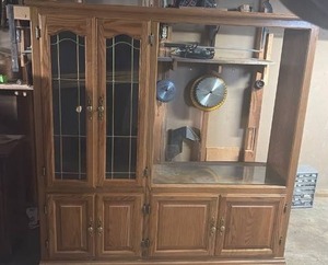 lot 51811 image: Oak Wood Entertainment Center TV Stand with Glass Doors 60in wide - Retail $150
