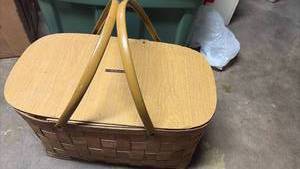 lot 51837 image: Woven Wood Picnic Basket with Hinged Lid - Retail $25
