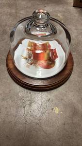 lot 51841 image: Ozark Walnutware Cheese Dome with Wooden Base and Fruit Pattern Plate - Retail $25