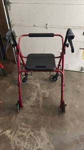 lot 51865 image: Red Rollator Walker with Seat and Four Wheels - Retail $75