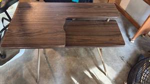 lot 51876 image: Mid Century Modern Walnut Wood Folding TV Tray Table with Metal Legs - Retail $25