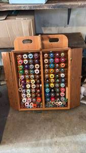 lot 51899 image: Wooden Sewing Thread Storage Cabinet with Thread Spools - Retail $75