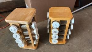 lot 51913 image: Wooden Spice Rack Set with Glass Jars - Retail $25